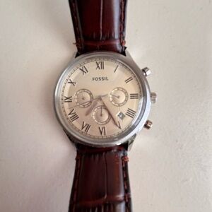 Fossil Silver Dial Watch with Dark Brown Leather Strap